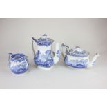 A Spode Italian pattern blue and white porcelain teapot, coffee pot and milk jug