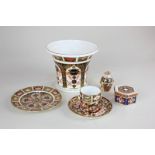 A Royal Crown Derby Imari porcelain vase, circular tapered form, 12cm high, a coffee can and saucer,