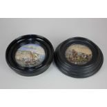 Two framed pot lids, one marked Pegwell Bay, depicting ships off a coastline, the other of