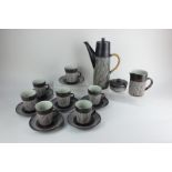 A BR Denmark Amazonas pottery coffee set comprising coffee pot, milk jug, sugar bowl and cover,