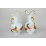 A par of Victorian glass vases with overlaid floral design on white ground, 22cm high, (a/f)