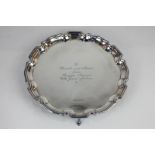 A modern silver salver with piecrust border and presentation inscription, maker Francis Howard,