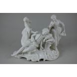 A Nymphenburg blanc de chine porcelain figure group of a sleeping gentleman and two ladies, on