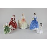 Five Royal Doulton figures comprising Top o' the Hill HN1834, Helen HN3601, Deborah HN3644 (with