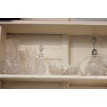 Six pieces of Waterford crystal, two vases, two bowls, a scent bottle and a cut glass table lamp bas