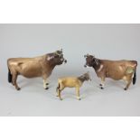 Three Beswick porcelain models of Jersey cattle, bull Ch Dunsley Coy Boy (1422), cow Ch Newton