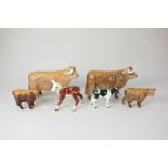 Two Beswick porcelain models of Highland cows (1740), two Highland calves (1827D), a Hereford