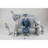 Four Lladro porcelain figures including boy with donkey, girl with pig, lady with vase, and the