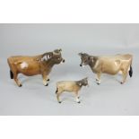Three Beswick porcelain models of Jersey cattle, bull Ch Dunsley Coy Boy (1422) (a/f), cow Ch Newton
