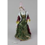 A 20th century Rudolstadt Volkstedt porcelain figure of a woman in medieval style clothing, 33cm, (