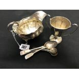 Hallmarked Silver: Milk jug, trophy, teaspoons x 2, coffee spoon, mustard/salt ladles x 2. 8½ozs.