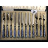 Hallmarked Silver and Guilloche enamel fruit knife and fork set in a North European style (12) cased