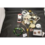 Costume Jewellery and Watches: Green expanding bracelet, square glass pendant, red stone ring set in