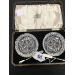 Hallmarked Silver: Silver & cut glass butter dishes and knives - a pair, Birmingham mark JG & S