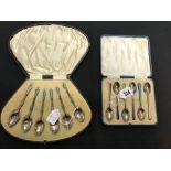 Hallmarked Silver and Guilloche enamel teaspoons in a North European style (6) plus another set of