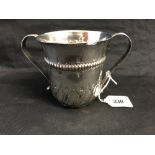 18th cent. Hallmarked Silver: Embossed loving cup 2 handled London 1766, indistinct makers mark 8.