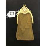 Edwardian yellow metal ladies dress chain mail purse, engraved frame with inlaid carved cherub and