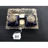 Hallmarked Silver: Inkwell stand, Birmingham 1847 Yap & Woodward with two blue glass inkwells with