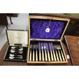 20th cent. Flatware: 6 place setting, fish knives and forks in stain lined case, set of 6 teaspoons.