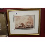 Thomas Webster watercolour, a study of boats unloading a 3 master in rough seas, framed and glazed