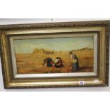 20th cent. British School: oil on board After Jean- Francois Millet "The Gleaners" framed 18ins. x