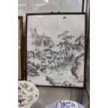 20th cent. Chinese painting on linen, depicting a rural mountain scene with river and family home.