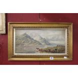 19th cent. English School: Oil on canvas, cattle by a lake, unsigned, gilt frame 19ins. x 9½ins.