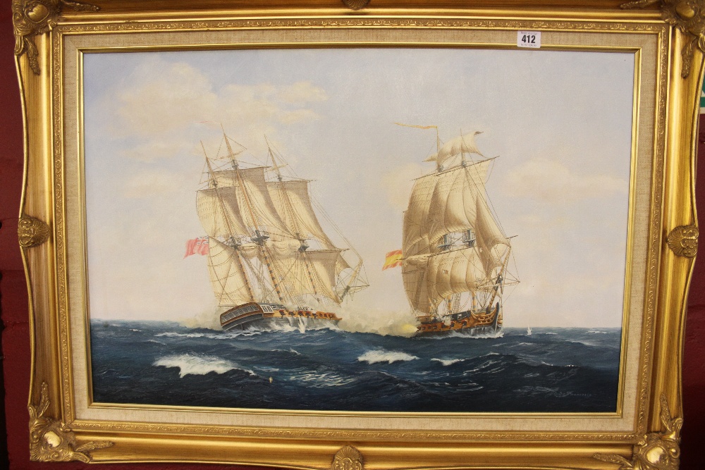 J.D. De Francesco oil on canvas, Men-O-War a broadside between British and Spanish ships, framed