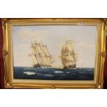 J.D. De Francesco oil on canvas, Men-O-War a broadside between British and Spanish ships, framed