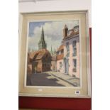 20th cent. English School: Oil on board town study with figures, signed lower right (indistinct).