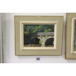 Pierre Jaques 1913-2000: Oil on canvas 'Stone Bridge Over River', signed lower left. Framed 6ins.