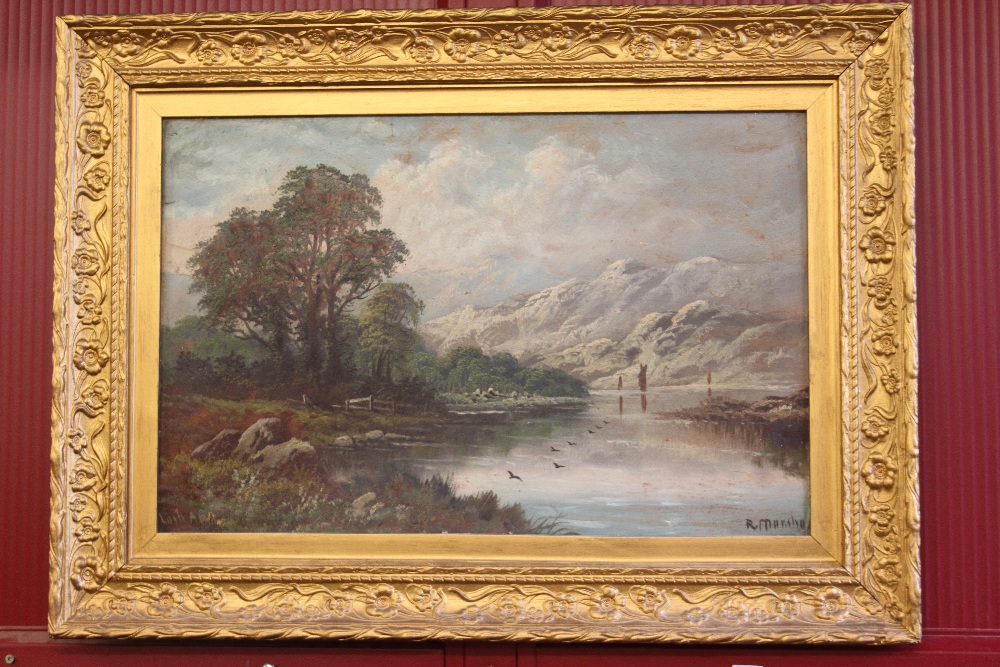 R. Marshall: Oil on board lakeside study, signed lower right, gilt frame 27ins. x 19ins.