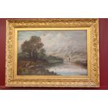 R. Marshall: Oil on board lakeside study, signed lower right, gilt frame 27ins. x 19ins.