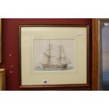 G Kennion 1744-1809 watercolour study of a 2 masted sail boat signed on reverse, framed and glazed