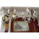 Lighting: French moulded glass and gilt-metal six-branch chandelier, of small size, the baluster