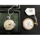 Watches: Ingersoll Ltd, "Triumph" white metal pocket watch, also yellow metal Waltham pocket watch