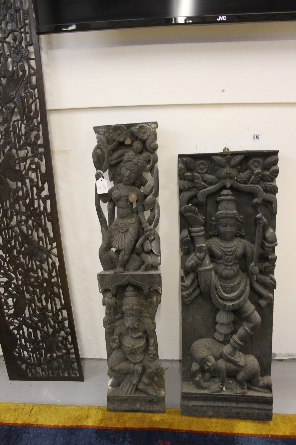 Indian treen panel with deity in relief plus another similar (2). 12ins. x 3ins. and 38ins. x 8ins. - Image 2 of 2