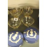 20th cent. Ceramics: Wedgwood blue Jasper ware commemorative circular trinket pots, bearing the