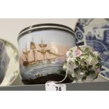 19th cent. Pearlware: Jardiniere painted maritime & tropical island scene 7ins. diameter, 6¾ins.