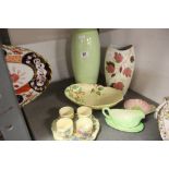 20th cent. Ceramics: Carltonware pink buttercup pin dish, bowl and mint sauce boat on stand, Radford