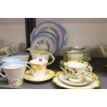 20th cent. Ceramics: Art deco style tea china. Melba "Dolly Varden" trio, Glaster water lily trio,