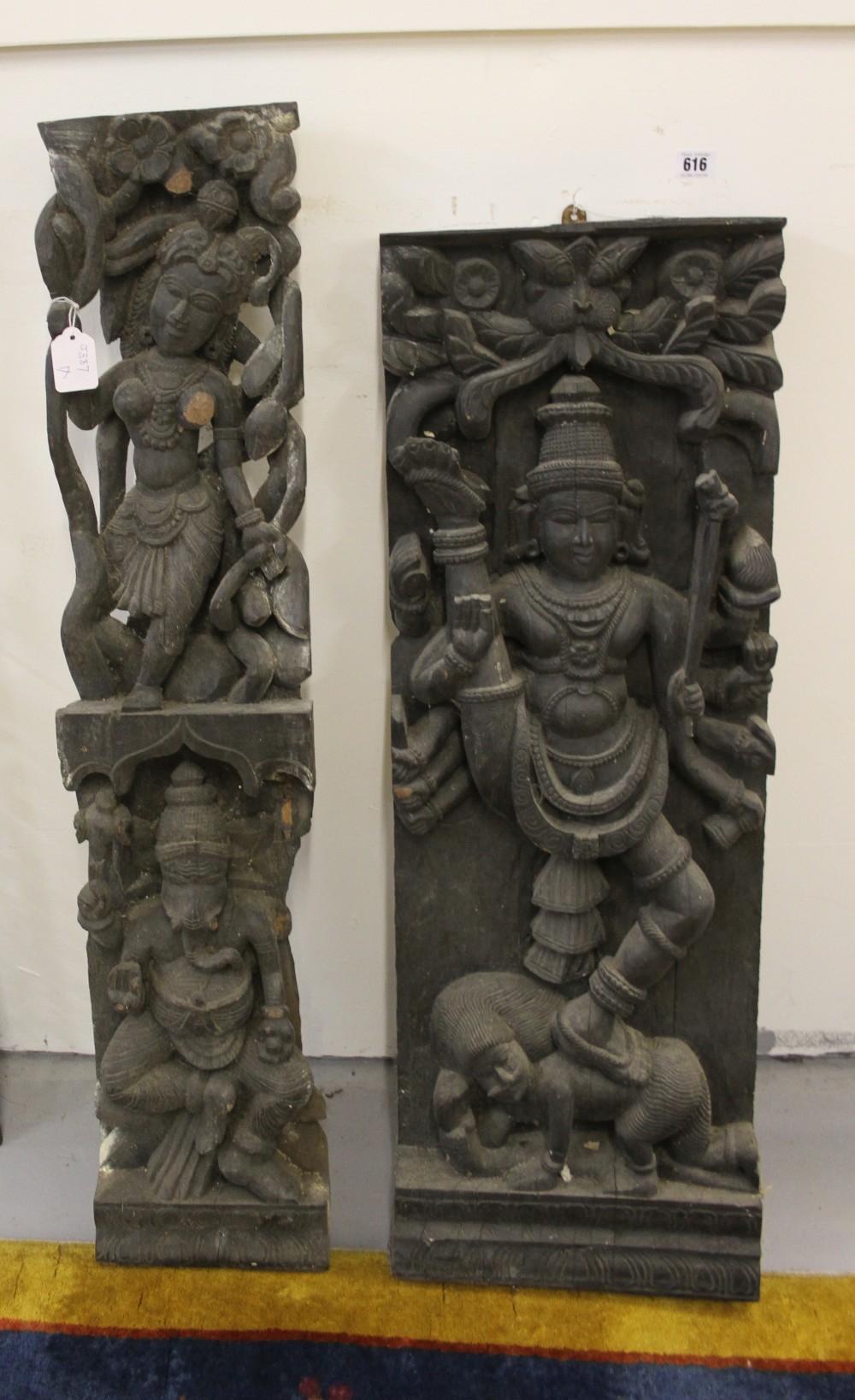 Indian treen panel with deity in relief plus another similar (2). 12ins. x 3ins. and 38ins. x 8ins.