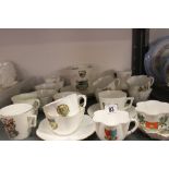 Crested Ware: Shelley cups, some saucers, plates and sugar bowl, Llandudno, Aberdeen, Selkirk,