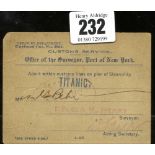 R.M.S. TITANIC: Very rare U.S Treasury Department Customs Service Pass for the Office of the
