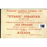 R.M.S. TITANIC: Rare Prudential Assurance Company promotional flyer stating they have paid 292