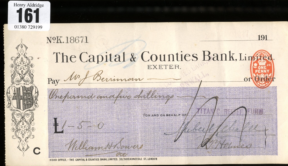 R.M.S. TITANIC: Titanic Relief Fund cheque made payable to father of Second Class passenger