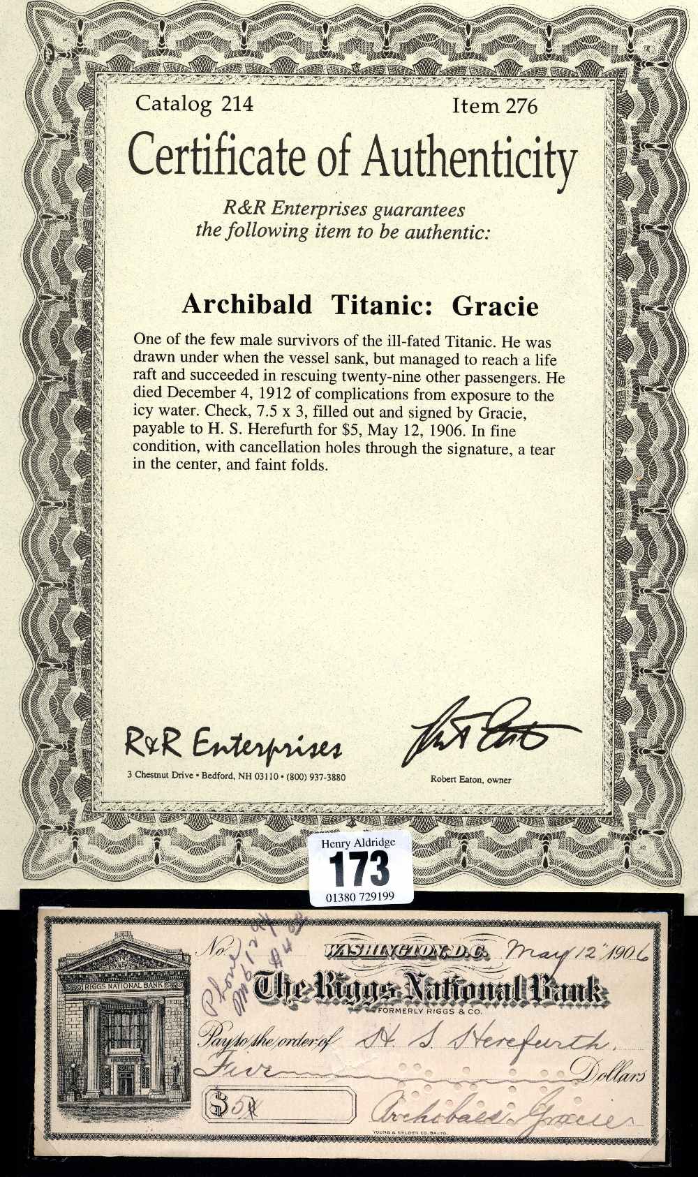 R.M.S. TITANIC: Unusual signed cheque by First Class passenger Archibald Gracie written on 12/5/