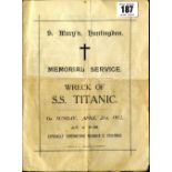 R.M.S. TITANIC: Extremely rare memorial service programme from St Mary's Church Huntingdon, Sunday