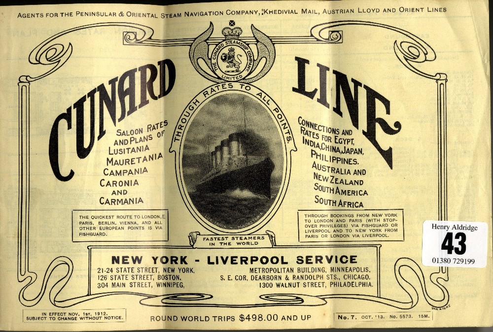 CUNARD LINE: Softcover brochure for Saloon Rates and Plans of Lusitania, Mauretania, Campania,