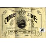 CUNARD LINE: Softcover brochure for Saloon Rates and Plans of Lusitania, Mauretania, Campania,